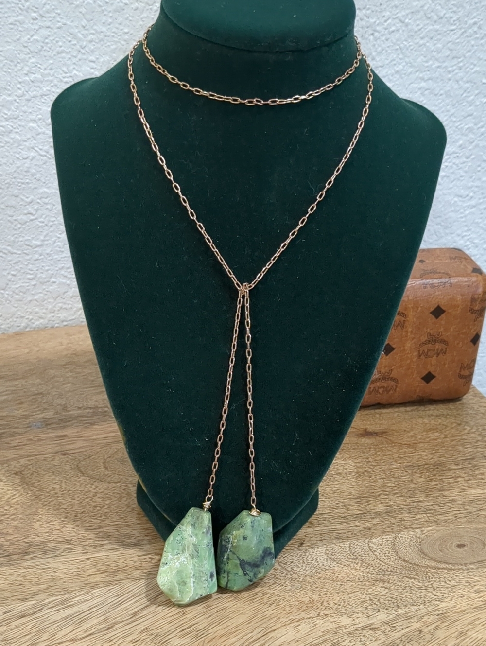 Rose Gold/Copper Color Chain Necklace with Large Green Stone Pendants